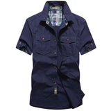 Cotton Casual Shirts Summer Men's Loose Baggy Short Sleeve Turn-down Collar Military Style Clothing Mart Lion Navy Blue M 