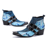 Handmade Luxury Genuine Leather Men's Boots Blue Snake Skin Dress Formal Shoes Double Buckle Cowboy MartLion   