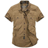 Cotton Casual Shirts Summer Men's Loose Baggy Short Sleeve Turn-down Collar Military Style Clothing Mart Lion Khaki M 
