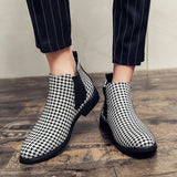 Men's Ankle Boots Houndstooth Chelsea Dress Shoes Leather Pointed Toe Casual Party Mart Lion   
