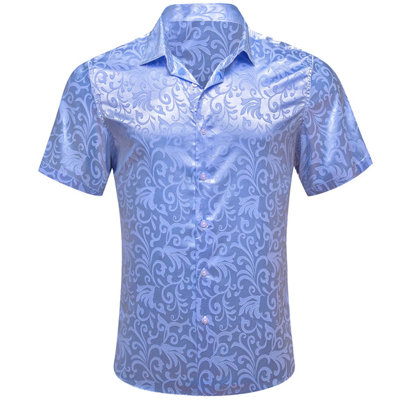Luxury Men's Shirts Short Sleeve Summer Sky Blue Flower Silk Slim Fit Blouses Breathable Casual Tops Barry Wang MartLion 0268 S 