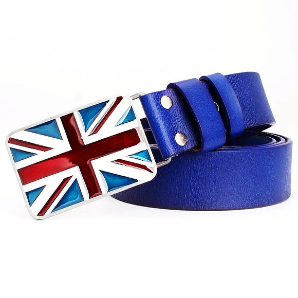 British Flag Pattern Belts Genuine Leather Metal Buckle Union Jack Jeans Waistband Trousers MartLion Blue 125cm CHINA