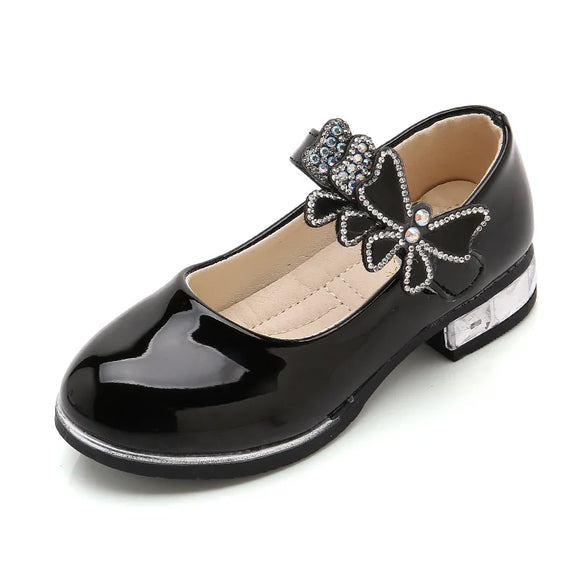 Girls Leather Shoes Spring Summer PU Patent Leather Kids Dress High Heels Butterfly-knot Dress for Wedding Chic MartLion   