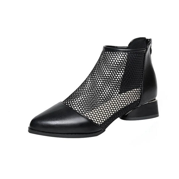 Summer Mesh Ankle Boots Pointed Toes Low Heels Ladies Short Chunky Heels Spring Back Zipper Shoes MartLion Black 35 