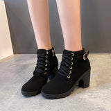 Spring Winter Women Pumps Boots Lace-up European Ladies Shoes PU High Heels MartLion black 36 