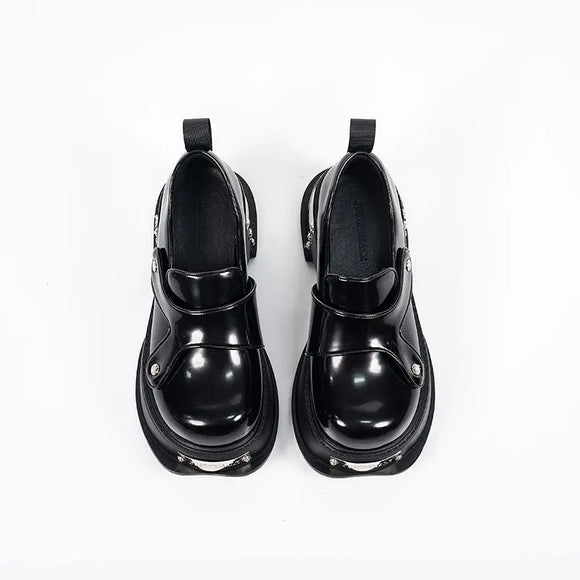 Retro British Style Thick Bottoms Loafers Autumn Women Patent Leather Shoes Lolita Metal Platform Black MartLion   
