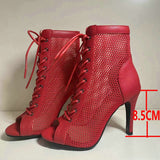 Women's Indoor Dance Shoes High Heels Stilettos Jazz Dance Ladies Hollow Mesh Sandals Mart Lion Red-8.5cm 37 