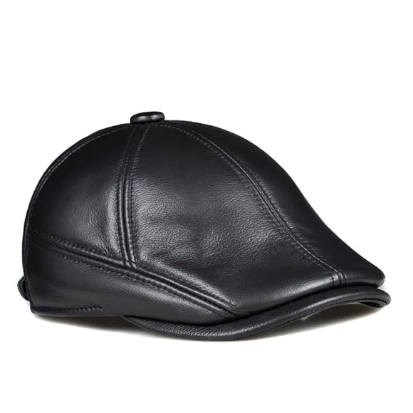 Cowhide Real Leather Men's Berets Cap Hat  Real Leather Adult Keep Warm peaked cap MartLion black L 55 56cm 