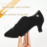 Black Latin Dance Shoes for Women Oxford Cloth Soft Sole Lace Up Jazz Ballroom High Heel MartLion   
