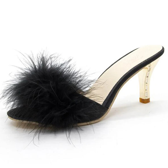 Summer Shoes Woman Feather Thin High Heels Fur Slippers Peep Toe Mules Lady Pumps Slides MartLion Black 39 