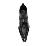 Pointed Toe Ankle Boots For Men's Heel Rhinestone Belt Lion Steel Toe For Office Genuine Leather MartLion   