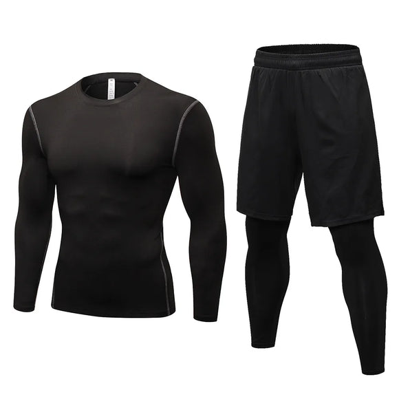 2 Pcs Set Men's Running Set Gym Jogging Thermo underwear Second skin Compression Fitness MMA rashgard  Quick dry Track suit MartLion black black S 