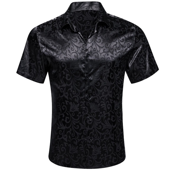 Designer Shirts Men's Summer Short Sleeve Silk Satin Black Floral Slim Fit Lapel Blouses Regular Casual Tops Barry Wang MartLion 0284 S 
