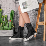 Women's Mid Sleeve Front Lace Up Side Zipper Tassel Boots Men's and Women's Four Seasons Versatile Canvas Shoes MartLion   