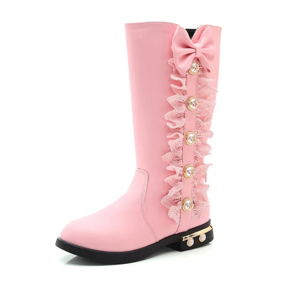 Girls Boots Autumn Winter Kids Princess Lace Pearls with Bow-knot Sweet Warm Cotton Fur Lining Children Long High MartLion pink 27 