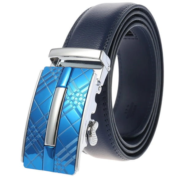 35mm Leather Belts for Men's Alloy Automatic Buckle Without Holes Blue Belt Natural Cowhide Suit MartLion Blue CHINA 125cm