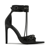 Women's Slim High Heel Sandals Rivet Belt Buckle Runway Shoes Banquet Tassel Shoes MartLion blackPU 42 