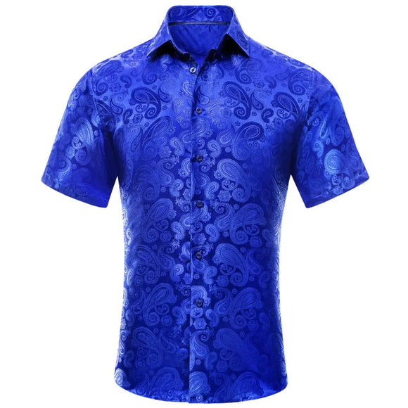 Hi-Tie Blue Red Green Beige Short Sleeves Men's Shirts Jacquard Silk Paisley Spring Summer Hawaii Shirt Wedding MartLion   