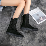 Casual Canvas Shoes Inner Zipper Flower Decorative Rubber Mid Barrel Elevated Women's Shoes MartLion   