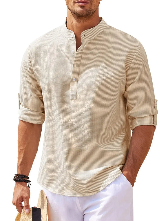 Cotton Linen Men's Long-Sleeved Shirts Spring Autumn Solid Color Stand-Up Collar Casual Beach Style MartLion khaki XXXL 