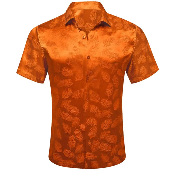 Luxury Summer Shirts Men's Short Sleeve Cool Silk Satin Orange Leaves Slim Fit Tops Casual Breathable Barry Wang MartLion 0273 S 