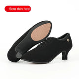 Black Latin Dance Shoes for Women Oxford Cloth Soft Sole Lace Up Jazz Ballroom High Heel MartLion 5cm Stifle heel 37 