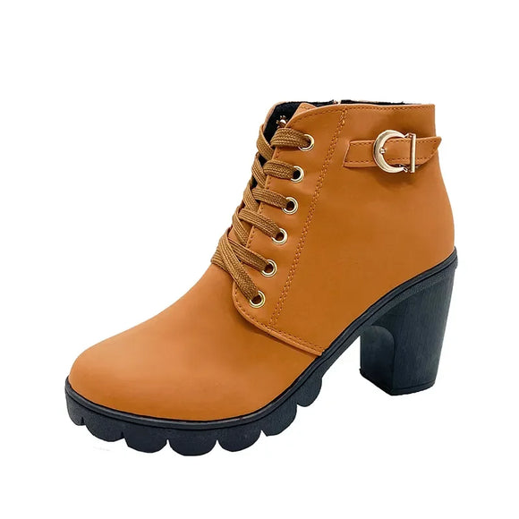Spring Winter Women Pumps Boots Lace-up European Ladies Shoes PU High Heels MartLion Yellow 38 