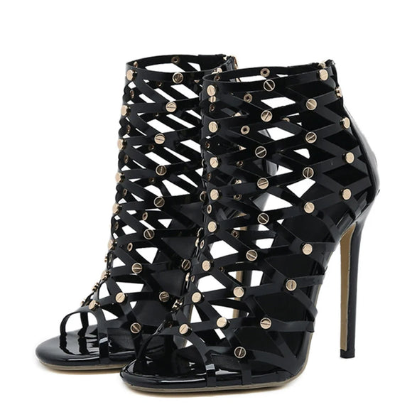 Liyke Roma Style Hollow Out Womens Ankle Boots Sandals Rivet Design Peep Toe Zip Stiletto Heels Dance Shoes Black MartLion Black 35 
