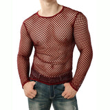 Men's Transparent Mesh T Shirt See Through  Fishnet Long Sleeve Muscle Undershirts Nightclub Party Perform Top Tees Mart Lion Red Tshirt S 