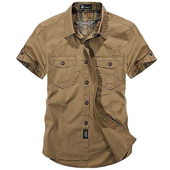 Cotton Casual Shirts Summer Men's Loose Baggy Short Sleeve Turn-down Collar Military Style Clothing Mart Lion   