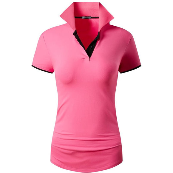 jeansian Women V-Neck Design Summer ShortSleeve Casual T-Shirt Tee Shirts Tshirt Golf Tennis Badminton Polo SWT325 Pink Mart Lion SWT325-Pink US S China