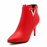 Autumn Stiletto Thin High Heels Zipper Style Womens Boots Bota Feminina Pointed Toe Faux Leather Red Ankle Mart Lion RED PU 4 