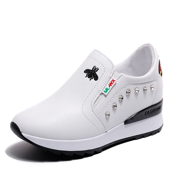 Casual  High Heels Breathable Women Sneakers PU Round Toe Crystal Embroider Platform Wedges Tenis Feminino  Female Vulcanize Mart Lion White 1 