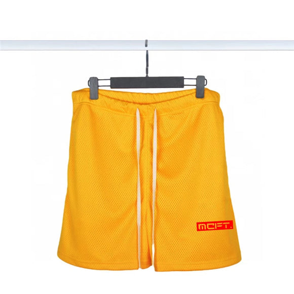 Summer Men's Gym Shorts Casual Bermuda Beach Shorts Mesh Sporting Bodybuiding Short Pants Loose Hip Hop  Fitness Beach Shorts Mart Lion yellow M 