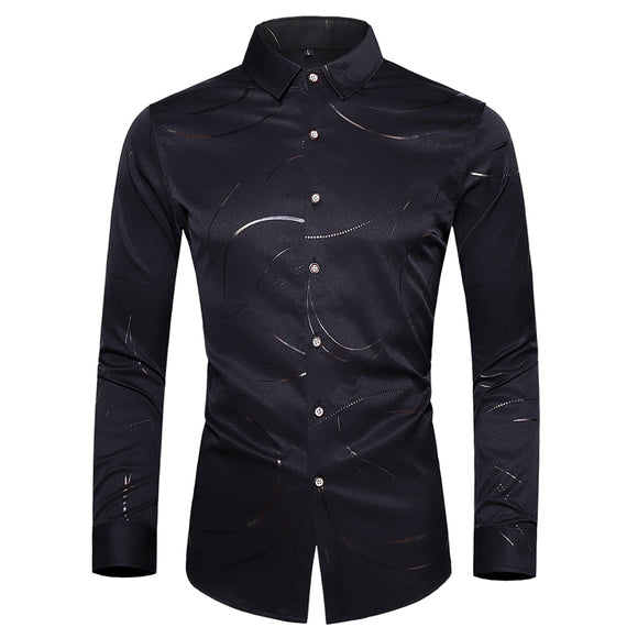 Men's Autumn Printed black amp whihte shirt casual wedding Slim Long Sleeve Dress Camisa Masculina Mart Lion   