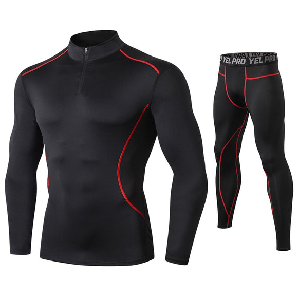 Men's 2 Pcs Fitness Suit Running Set Quick Dry Gym Sportswear Long Sleeve T Shirt Legging Pants Tracksuit Sports Suits Mart Lion black red set S 