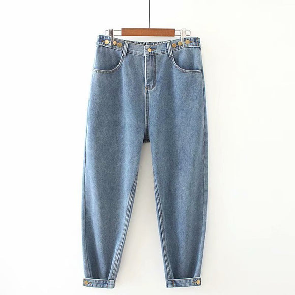 Girl Loose Boyfriend Jeans for Women High Waist Softener Full Length Denim Harem Pants Retro Blue Gray Clothes Mart Lion blue S 
