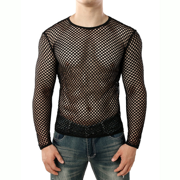Men's Transparent Mesh T Shirt See Through  Fishnet Long Sleeve Muscle Undershirts Nightclub Party Perform Top Tees Mart Lion Black Tshirt S 