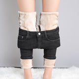 Winter Warm Women Thick Velvet Jeans Fleece Full Length High Waist Skinny Elastic Pants Jean Casual Legging Mart Lion Gray Black E05 25 