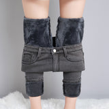Winter Warm Women Thick Velvet Jeans Fleece Full Length High Waist Skinny Elastic Pants Jean Casual Legging Mart Lion Light Gray B05 25 