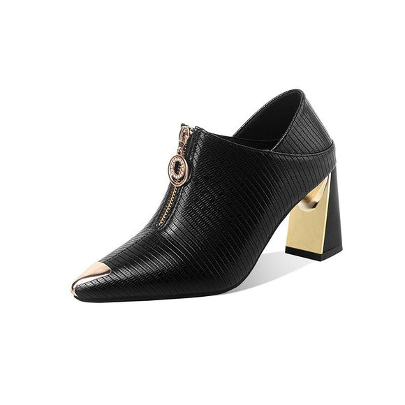 High Heels Bare Boots Women Shoes Square Black Zip Leather Ladies Metal Pointed Toe Pump Wedding Mart Lion black 35 