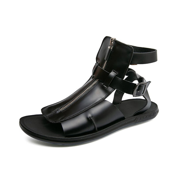 Sandals Men's Shoes PU Solid Color Casual Street Beach Open Toe Zipper Belt Buckle Mart Lion Black 38 