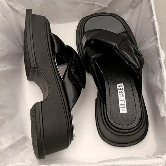Concise Women Sandals Flats Platforms Casual Soft Genuine Leather Shoes Woman Summer Mart Lion Black 35 