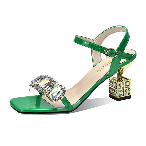 Women Summer Heel Shoes Crystal Open Toe Square Heel Block Heel Buckle Strap Sandals Green Mart Lion   