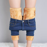 Winter Warm Women Thick Velvet Jeans Fleece Full Length High Waist Skinny Elastic Pants Jean Casual Legging Mart Lion Sky Blue B05 25 