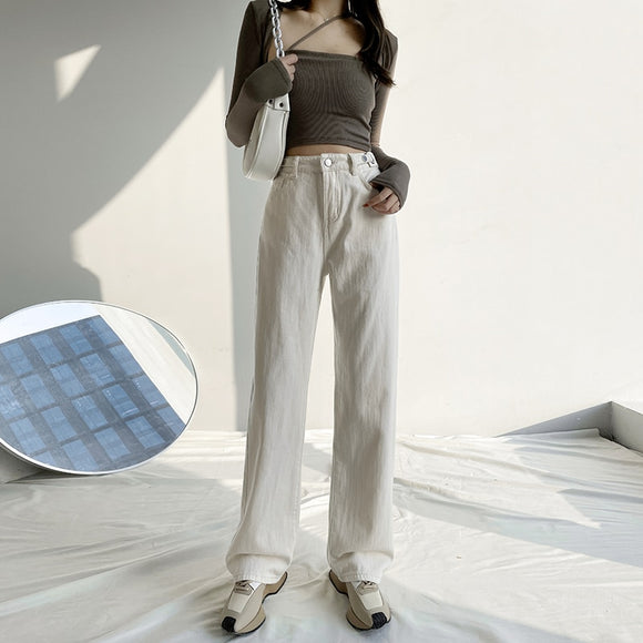 Women's jeans Retro Street Loose Solid Straigh Casual Pants High Waist Mopping Wide Leg Trousers Mart Lion Off-White XS 