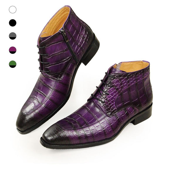 Boots Pointed Toe Men's Genuine cow leather skin printing ankle Rubber sole White purple green variety color options Mart Lion   