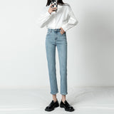 Jeans Women High Waist Straight Denim Pants Loose Casual Korean Vintage Female Trousers Pantalon With Belt Mart Lion Light BLue XS 