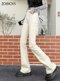 Women Flared Jeans Loose Denim Pants Bottom Straight High Waist Stretch Urban Female Flare Trouser 6 Color Mart Lion Off-White XS CN