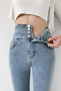 Skinny Pencil Jeans Four Buttons Vintage High Waist Women Slim Stretch Denim Pants Tight Trousers Mart Lion   